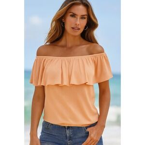 Boston Proper‎ Women's Off Shoulder Peach Ribbed Short Sleeve Blouse- Size XS
